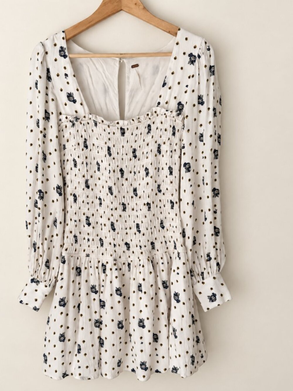 Free People Two Faces Floral Smocked Mini Dress S Ivory Blue Long Sleeve